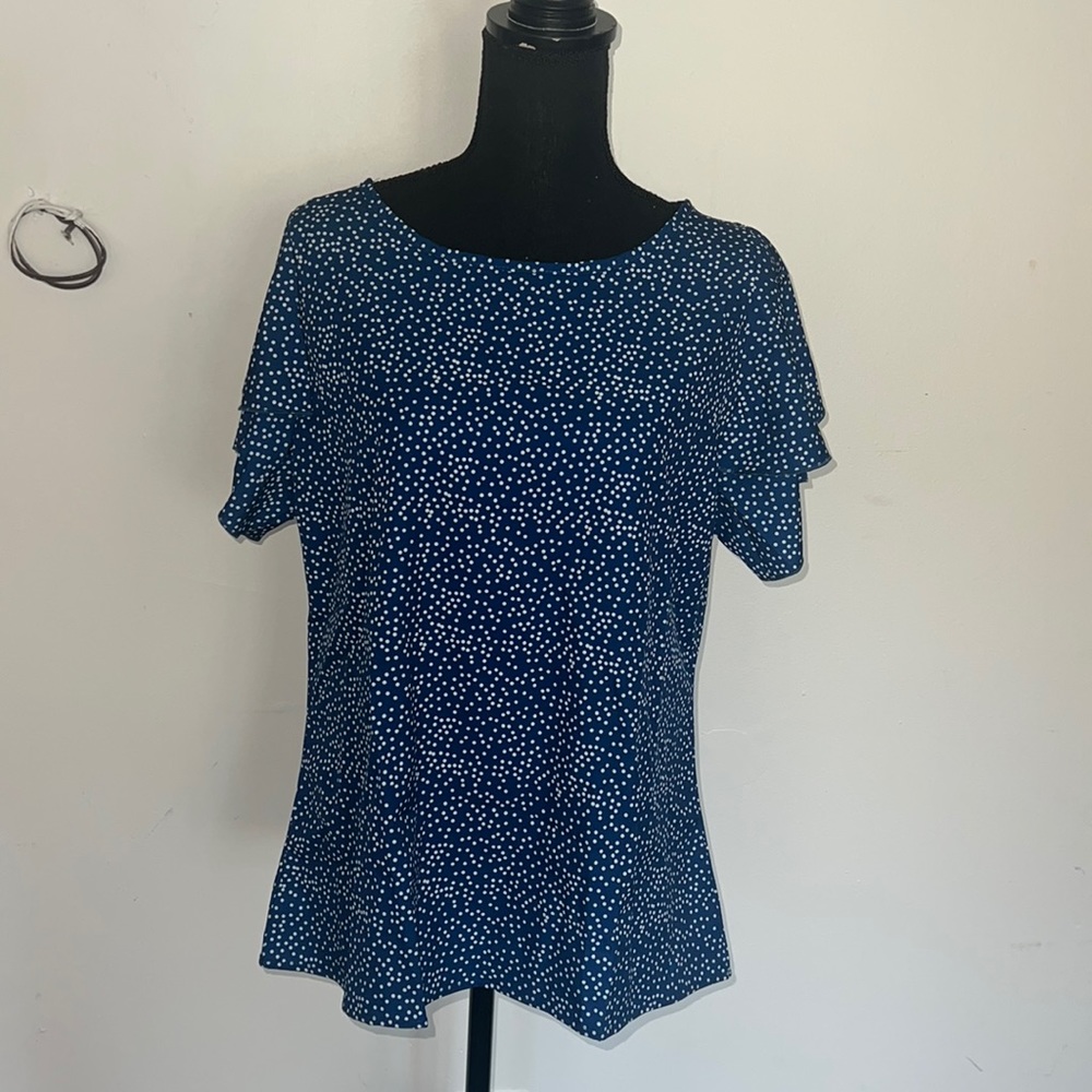 Navy & white pin dot ruffle sleeve top size L